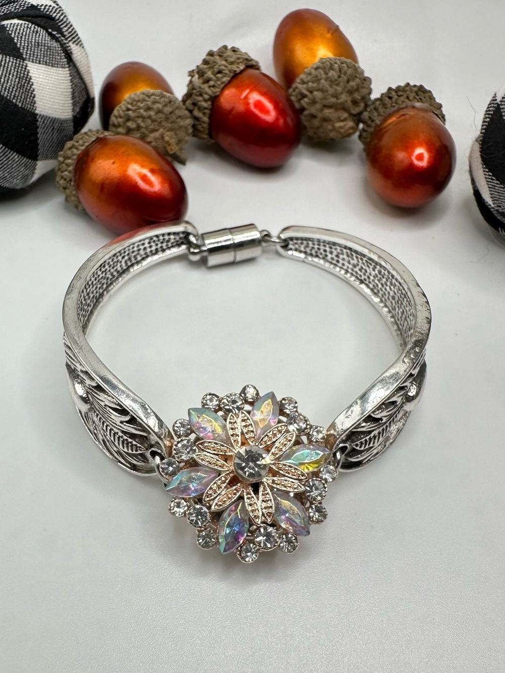 Elegant Snap Jewelry Feather Spoon Bracelet Iridescent Sparkle Flower 18mm Snap!